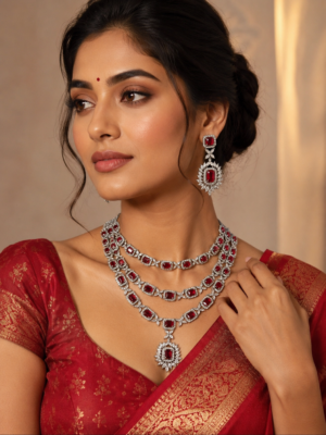 Vineeta Triple Layer American Diamond Set – Red