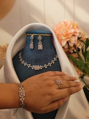 Sleek American Diamond Combo Set With Bracelet and Ring – Light Pink