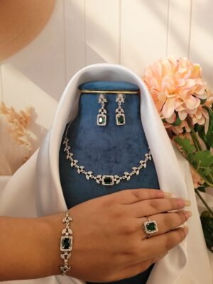 Sleek American Diamond Combo Set With Bracelet and Ring – Dark Green