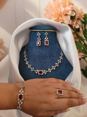 Sleek American Diamond Combo Set With Bracelet and Ring – Red