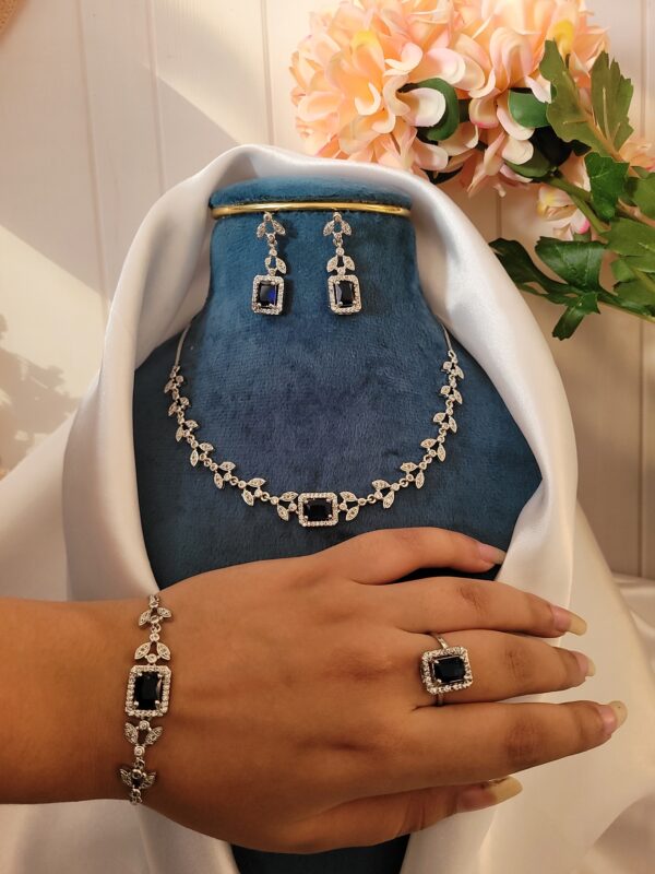 Sleek American Diamond Combo Set With Bracelet and Ring - Dark Blue