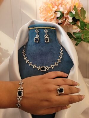 Sleek American Diamond Combo Set With Bracelet and Ring – Dark Blue