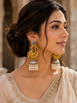 Malika Dark Green Gold Plated Brass Jhumka Earrings – Statement Bridal Earrings