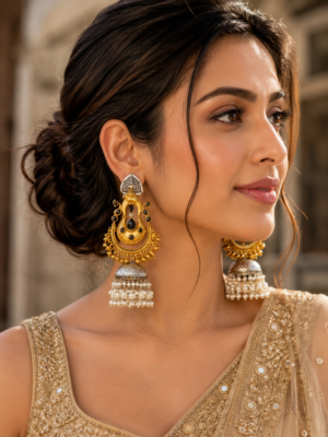 Malika Black Gold Plated Brass Jhumka Earrings – Statement Bridal Earrings