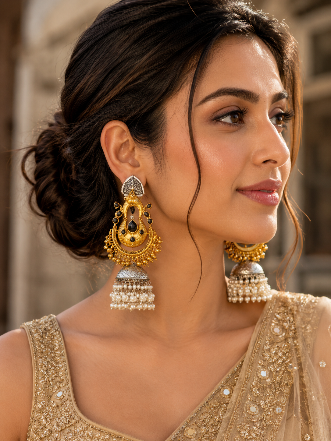 Malika Black Gold Plated Brass Jhumka Earrings – Statement Bridal Earrings