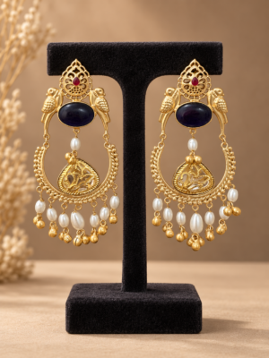 Aparna blue Kashmiri brass chandbali earrings