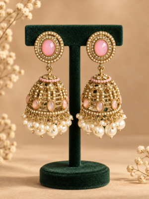 Pair of Kaashvi light pink jhumka earrings by Jewel Hub Studio