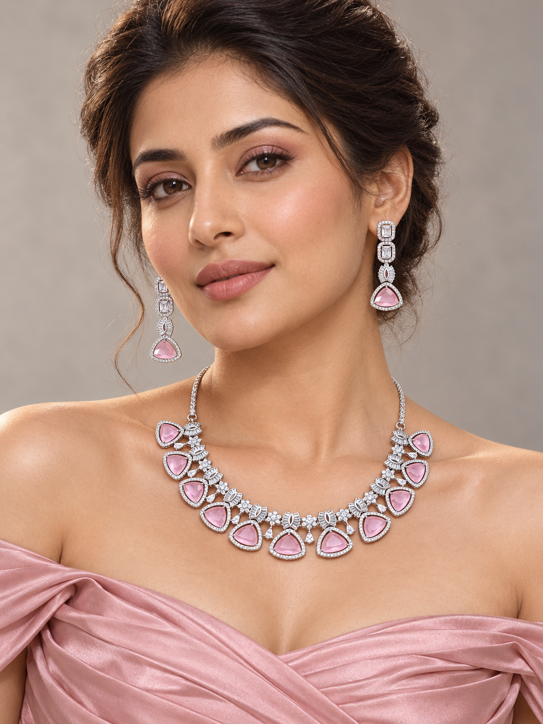 Himanshi pink American Diamond necklace set with matching drop earrings
