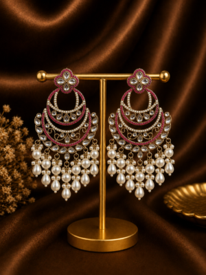 Heena dark pink Kundan chandbali earrings with layered crescent design and pearl drops.