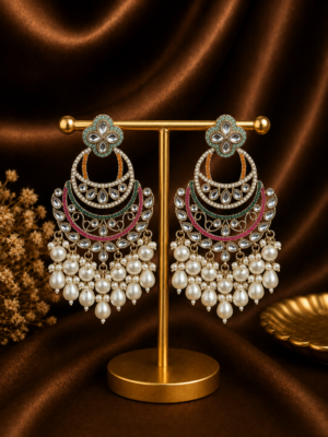 Heena multicolour Kundan pearl chandbali earrings with layered crescent design.