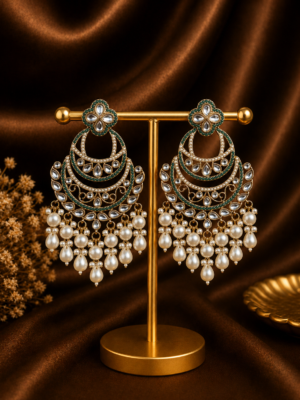 Heena dark green Kundan pearl chandbali earrings with layered crescent design.