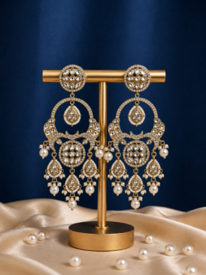 Sonakshi white Kundan chandbali earrings with pearl drops and hanging motifs.