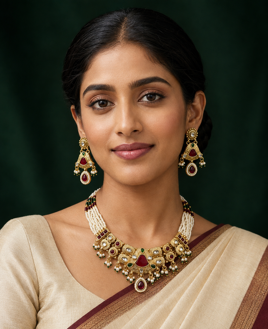 Rajwadi Temple Jewellery Set with Pearl Necklace