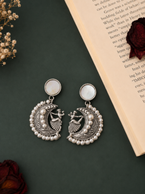 Moon Pearl white brass chandbali earrings with dancing-woman motif and pearl detailing