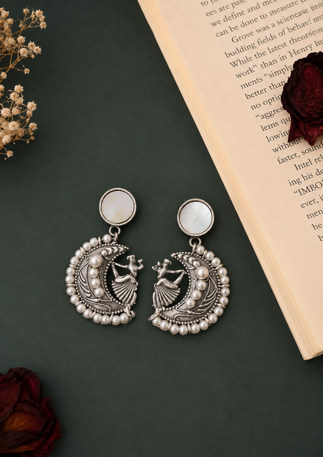 Moon Pearl white brass chandbali earrings with dancing-woman motif and pearl detailing