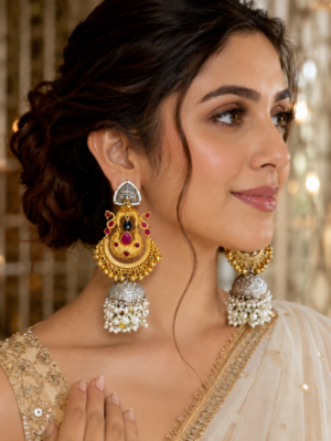 Malika Ruby Gold Plated Brass Jhumka Earrings – Statement Bridal Earrings