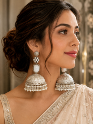 Apoorva White Kashmiri Brass Jhumka Earrings – Statement Pearl Drop Earrings