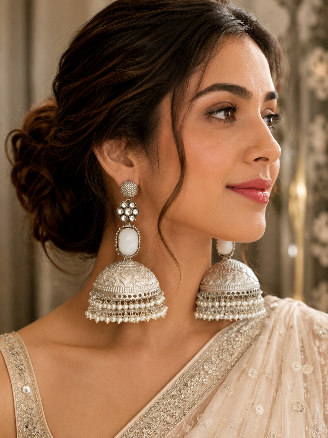 Apoorva White Kashmiri Brass Jhumka Earrings – Statement Pearl Drop Earrings