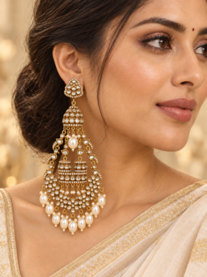 Sanchita white long Kundan jhumka earrings with ornate floral stone detailing and white bead drops