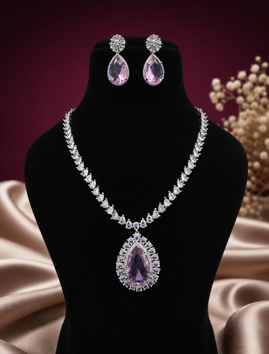 Heena pink American diamond necklace set with matching earrings