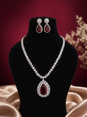 Heena red American diamond necklace set with matching earrings