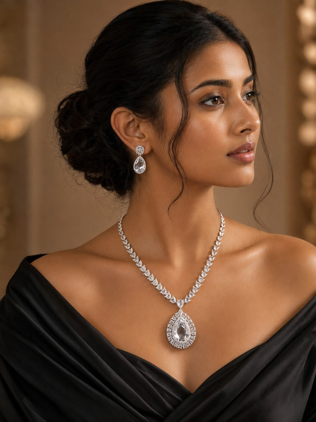 Heena white American diamond necklace set with matching earrings