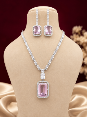Pink rectangular American diamond pendant necklace