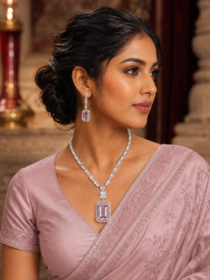 Himanshi pink American diamond necklace set with matching earrings