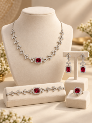 Red American Diamond jewellery combo set with necklace earrings bracelet and ring