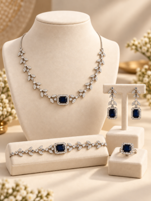 Dark blue American Diamond jewellery combo set with necklace earrings bracelet and ring