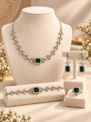 Dark green American Diamond jewellery combo set with necklace earrings bracelet and ring