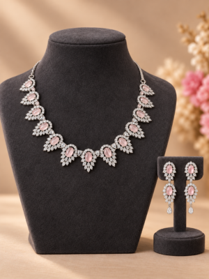 Asmita pink American Diamond necklace set with matching drop earrings