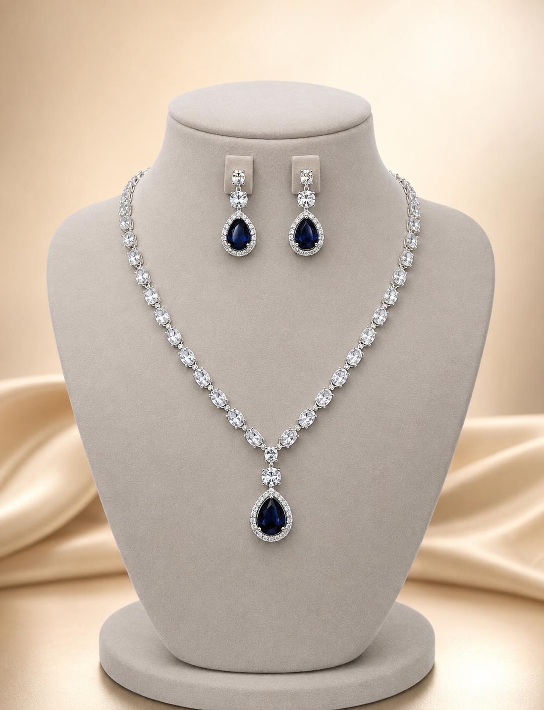 Rubina dark blue American diamond necklace set with matching earrings