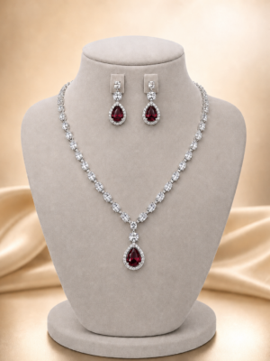 Rubina red American diamond necklace set with matching earrings