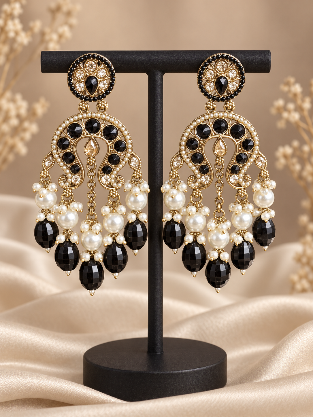 Apoorva Black Lightweight Kundan Chandbali Earrings