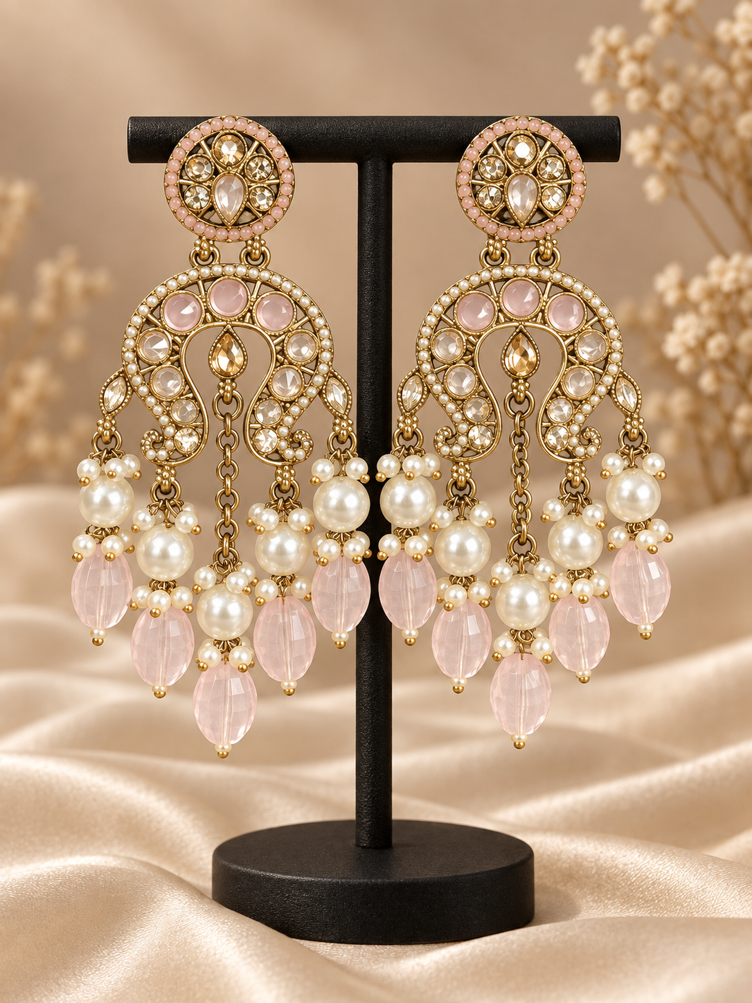Apoorva Light Pink Lightweight Kundan Chandbali Earrings