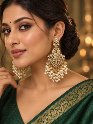 Damini White Kundan Chandelier Earrings with beaded drops