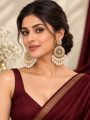 Gulnaz White Pearl Chandbali Earrings with floral stones and pearl drops