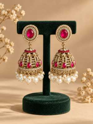 Pair of Kaashvi dark pink jhumka earrings by Jewel Hub Studio