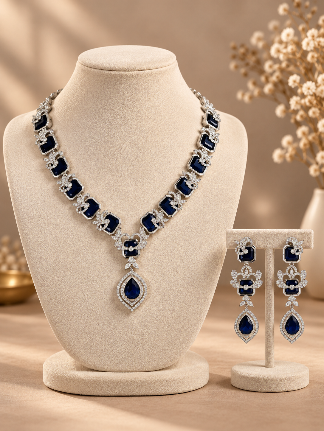 Jennifer Dark Blue American Diamond Necklace Set - Image 2
