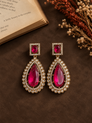 Pair of Ashika premium dark pink stone earrings by Jewel Hub Studio