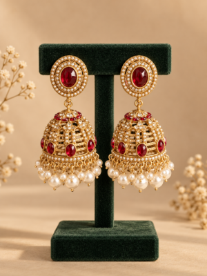 Pair of Kaashvi dark red jhumka earrings by Jewel Hub Studio