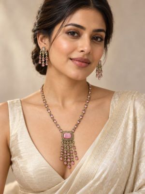 Model wearing Sara light pink American diamond necklace set in mehendi polish with a rectangular tassel-style pendant and matching dangler earrings