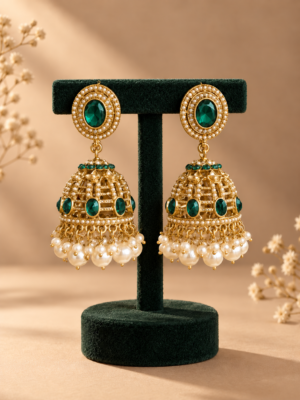 Pair of Kaashvi dark green jhumka earrings by Jewel Hub Studio
