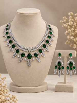 Kareena dark green American Diamond necklace set with coordinating earrings