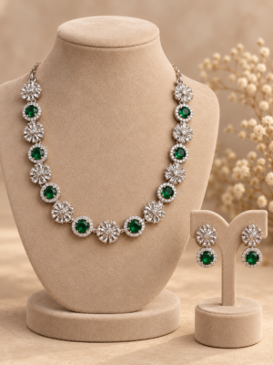 Karishma emerald green American diamond necklace with matching earrings
