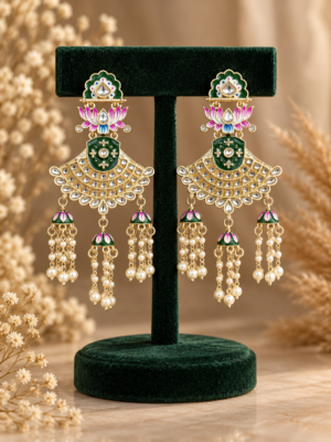 Pair of Nusha dark green Meenakari earrings by Jewel Hub Studio