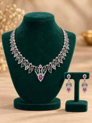 Vanshika multicolour American Diamond necklace set with coordinating earrings
