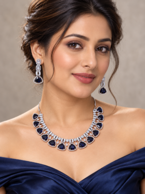 Himanshi dark blue American Diamond necklace set with matching drop earrings