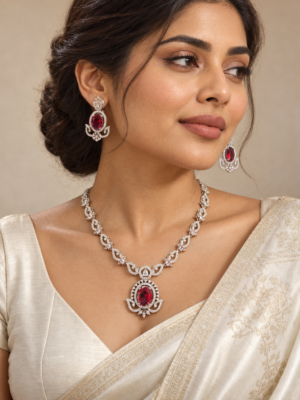 Jaspreet red American Diamond necklace set with coordinating earrings